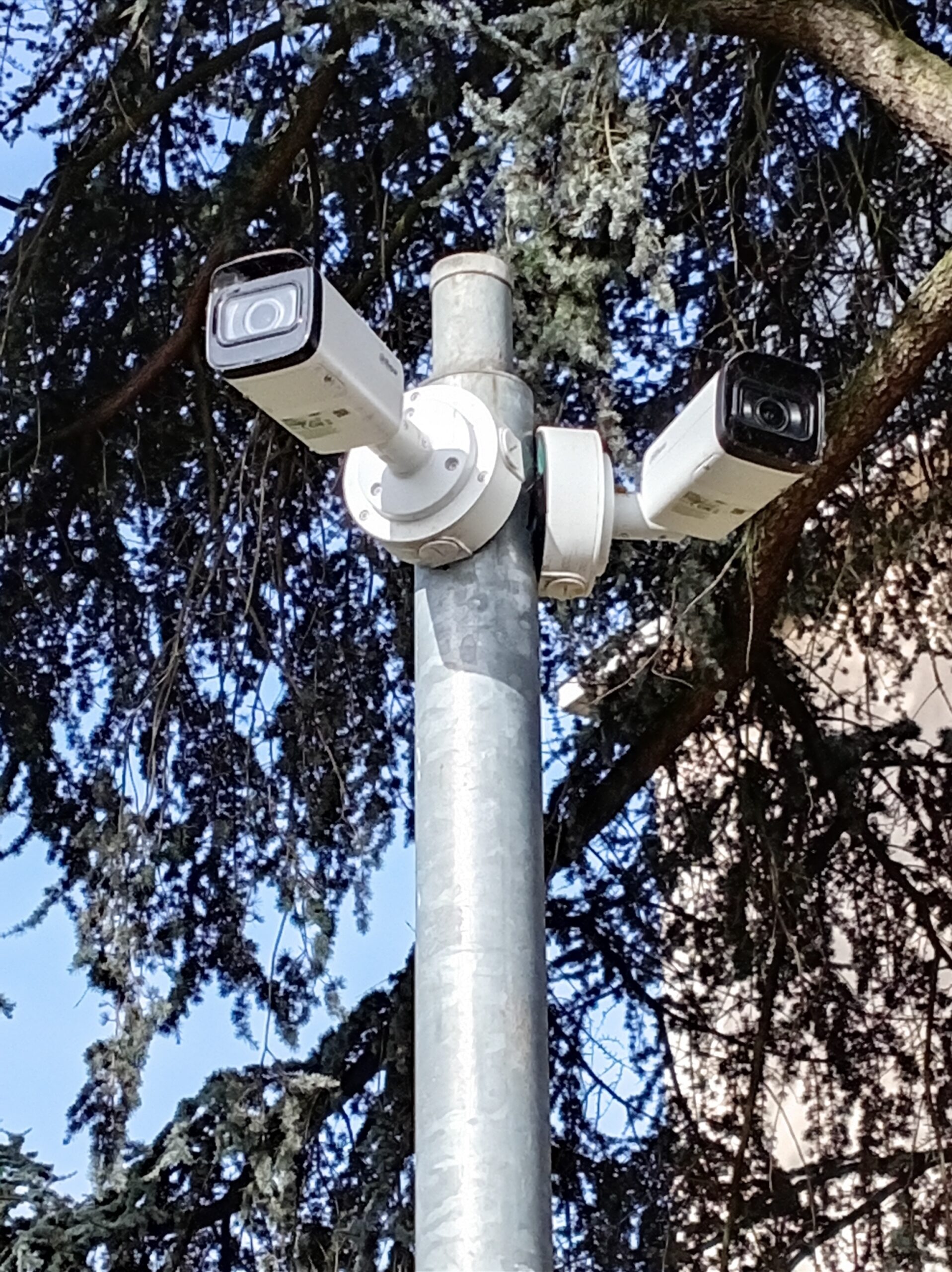Caméras bullet IP installées sur poteau pour sécuriser un site professionnel